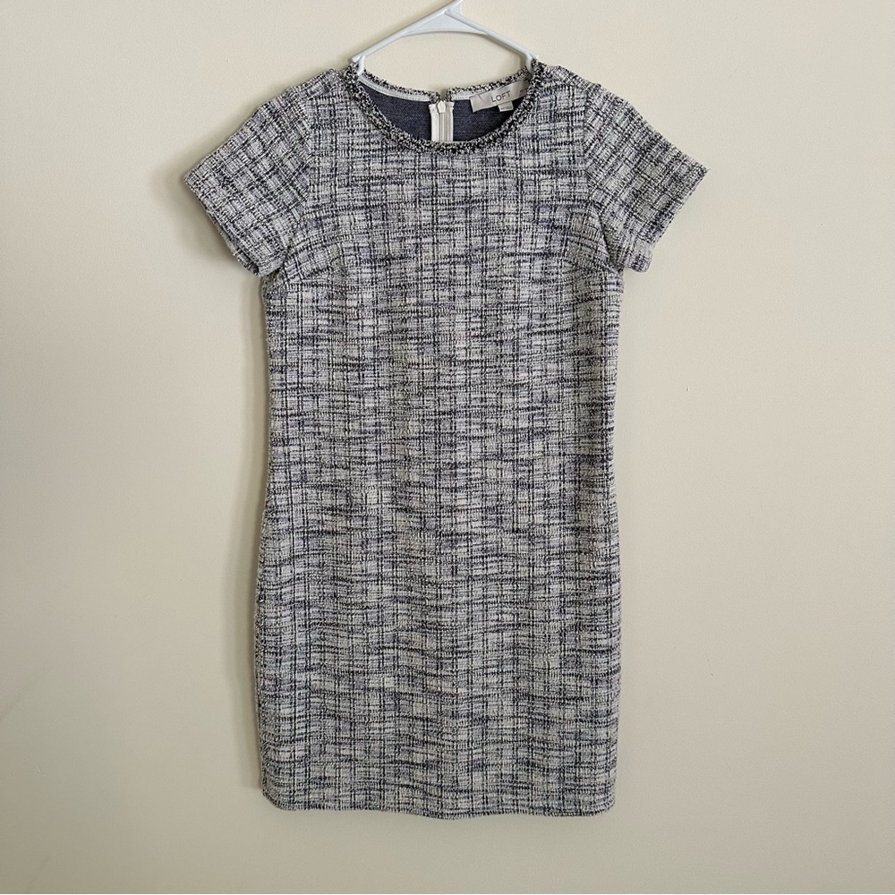 LOFT blue and white boucle shift dress